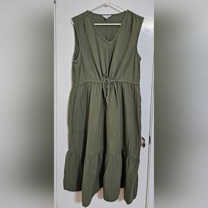 Time & Tru Dress Olive Green Sleeveless Drawstring Midi Pockets Cotton